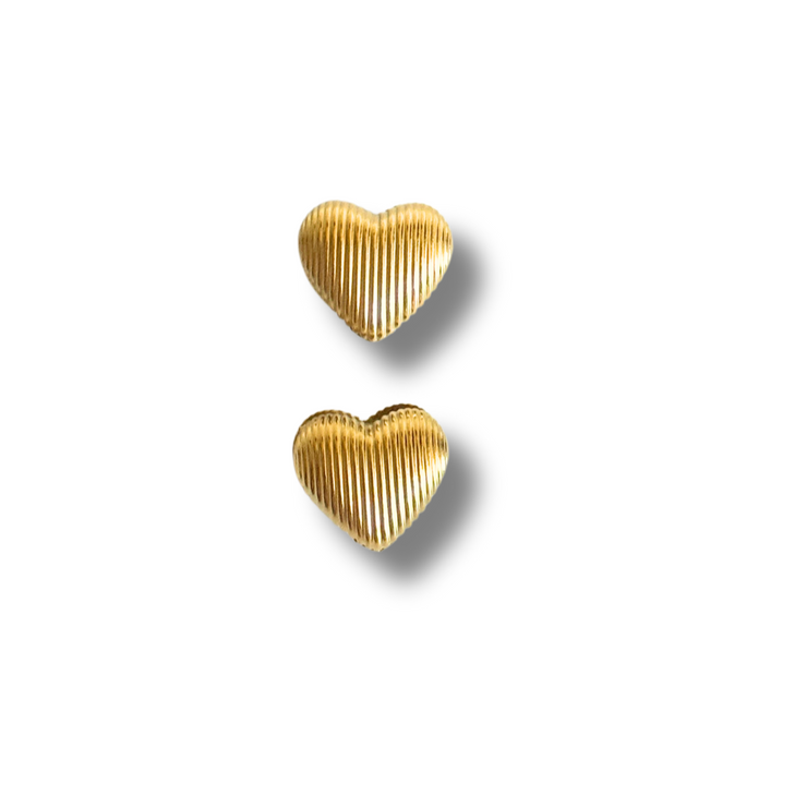 Two gold heart-shaped earrings on a white background.18K gold-filled material, these studs are lightweight, tarnish-free, and gentle on sensitive skin – a must-have everyday piece with a little personality.
Textured gold heart stud earrings with bubble design, hypoallergenic and lightweight