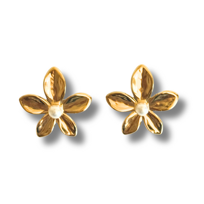 18K gold-filled studs are hypoallergenic, tarnish-free, and made for all-day wear without irritation.
Gold flower stud earring with pearl center, elegant hypoallergenic floral jewelry