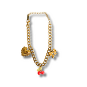 Gold chain bracelet with heart and bow charms on a white background.cherry charm bracelet, bow charm bracelet, summer gold bracelet, hypoallergenic gold bracelet, 18k gold filled jewelry, tarnish free bracelet, dainty charm bracelet, cute summer bracelet, charm bracelet for sensitive skin.“18K gold filled charm bracelet with cherry, heart, and bow charms – hypoallergenic and tarnish-free”
“Close-up of cherry bow charm bracelet with dimensional detailing on gold heart charm” 