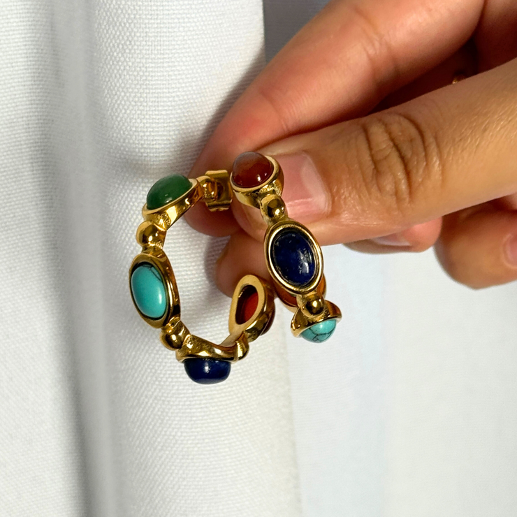 18k gold-filled hoop with green, teal, blue, and red gemstones; hypoallergenic, tarnish-free, waterproof fall statement hoop.