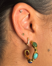 18k gold-filled hoop with green, teal, blue, and red gemstones; hypoallergenic, tarnish-free, waterproof fall statement hoop.