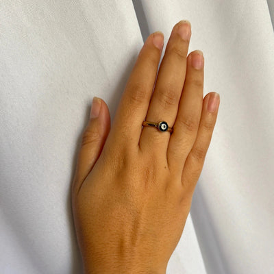 18k gold-filled blue evil eye ring with thick textured band, size 7, tarnish-free and waterproof.