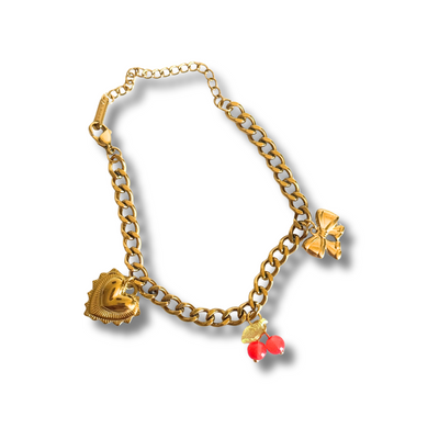 “18K gold filled charm bracelet with cherry, heart, and bow charms – hypoallergenic and tarnish-free”
“Close-up of cherry bow charm bracelet with dimensional detailing on gold heart charm”
cherry charm bracelet, bow charm bracelet, summer gold bracelet, hypoallergenic gold bracelet, 18k gold filled jewelry, tarnish free bracelet, dainty charm bracelet, cute summer bracelet, charm bracelet for sensitive skin
