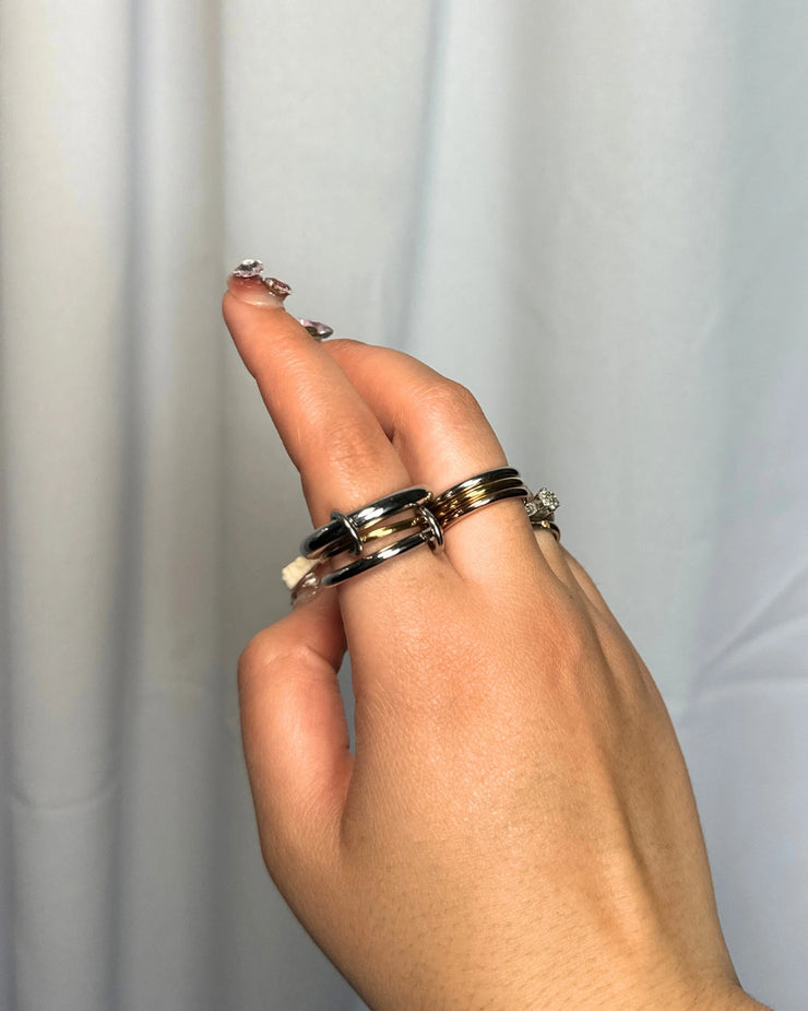 Coastal Trio Ring – Mixed metal three-band ring with gold and silver accents, hypoallergenic and tarnish-free, size 8.
