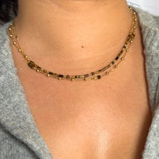 14-inch layered choker with long brown beads and small bead strand featuring brown gemstones, 18k gold-filled and tarnish-free.