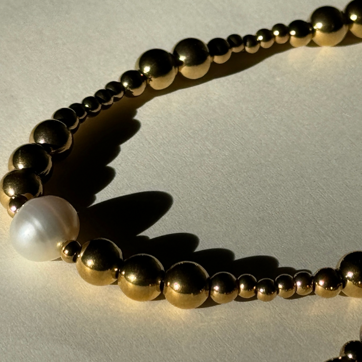 18K gold filled bead small and large necklace with freshwater pearls that is hypoallergenic and tarnish free