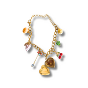 Gold bracelet with heart-shaped charms on a white background.“Colorful fruit charm bracelet with heart locket, lemon, grapes, pumpkin, cherry and tassel – 18K gold filled”
“Summer charm bracelet featuring dainty fruit and floral charms with multicolor beads – hypoallergenic”