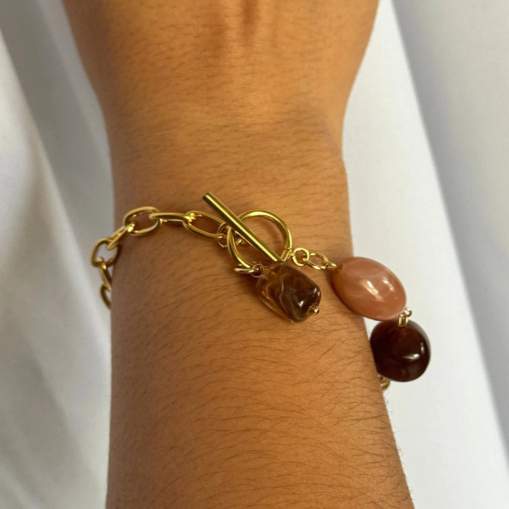 Gold paperclip chain bracelet with multicolor gemstone accents and tangle clasp, 18k gold-filled hypoallergenic tarnish-free bracelet.