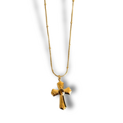 Gold cross necklace on a white background. Gold-filled cross necklace with Tiger’s Eye center on a ball snake chain, worn at 16 inches; delicate, hypoallergenic, tarnish-free.
