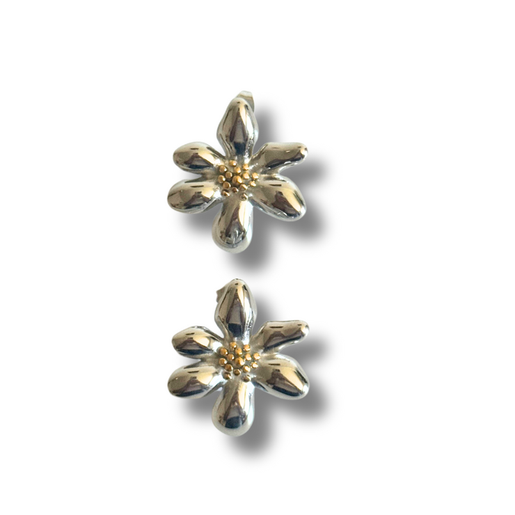Pair of silver flower-shaped earrings on a white background