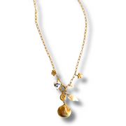 Gold necklace with shell pendant on a white background. paperclip charm necklace, dangle necklace with shells, ocean charm necklace, beach jewelry statement pieces. Gold paperclip chain necklace with layered seashell charms, starfish, bee, and vintage heart

Sea-inspired dangle necklace with ocean-themed charms and pearl accents