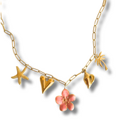 Gold necklace with starfish, heart, and flower charms on a white background. tropical charm necklace, hibiscus necklace, summer gold necklace, vacation jewelry, beachy charm necklace


Tropical Escape Hibiscus Charm Necklace

Pink Flower Beach Charm Necklace


Gold tropical charm necklace with pink flower, heart, seashell, starfish, and palm tree

Summer vacation necklace with hibiscus-inspired design