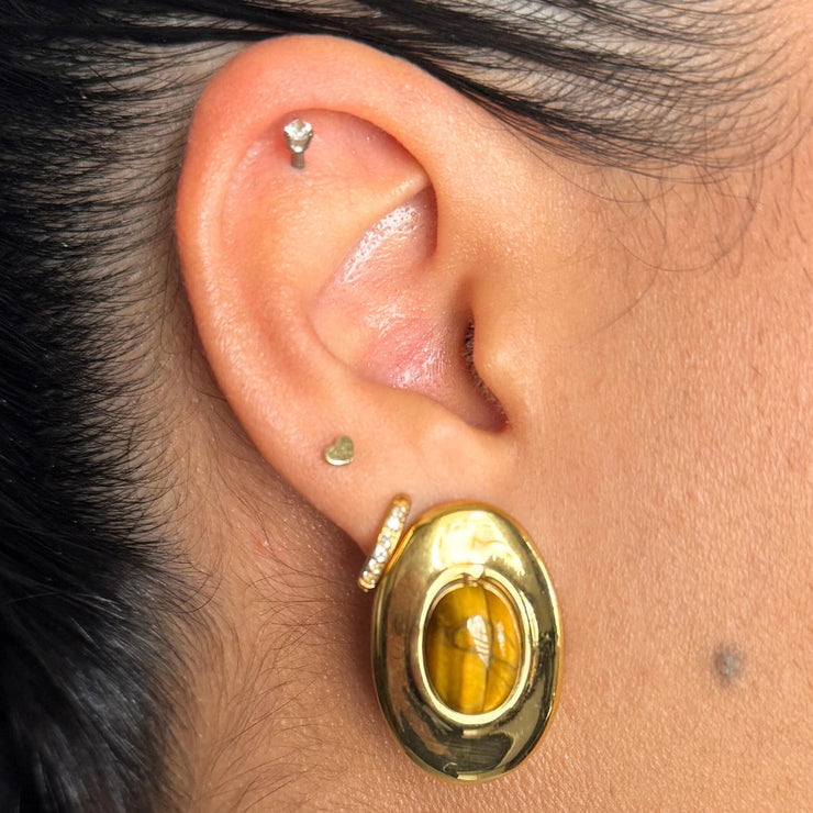 Golden oval 18k gold-filled earrings with yellow-brown gemstone center, medium weight statement holiday earrings. 