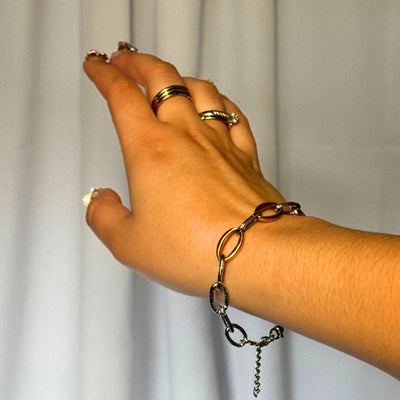 Lustre Link Bracelet – Mixed metal chain bracelet with textured silver and polished gold links, hypoallergenic and tarnish-free.