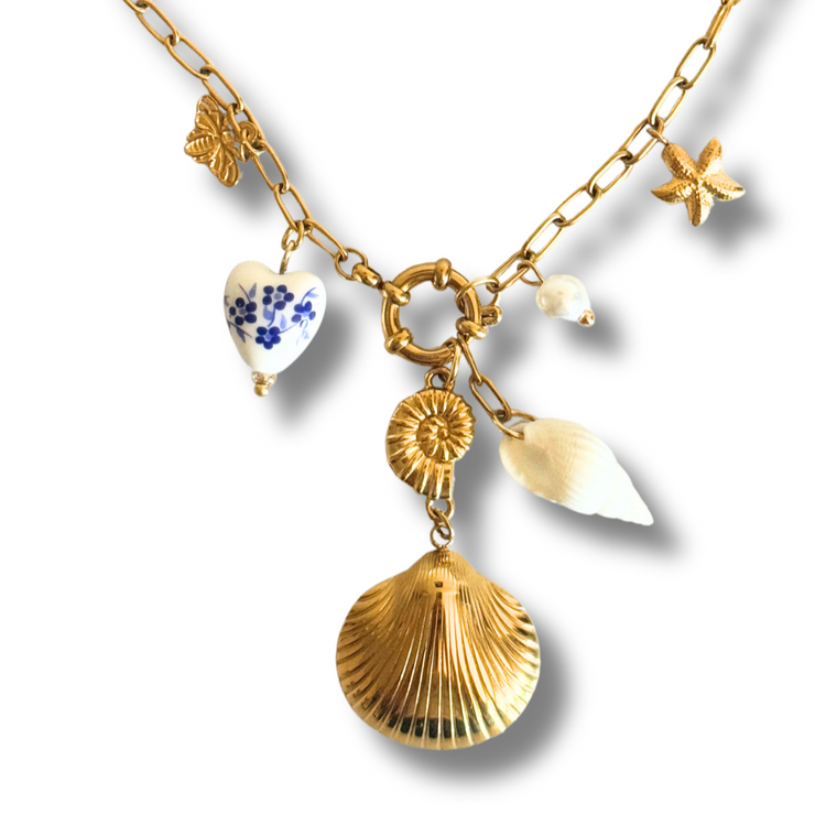 Gold necklace with various charms on a white background. paperclip charm necklace, dangle necklace with shells, ocean charm necklace, beach jewelry statement piece
Image Title Options:

Ocean Whispers Shell and Starfish Charm Necklace

Paperclip Chain Vintage Blue Heart Necklace
Gold paperclip chain necklace with layered seashell charms, starfish, bee, and vintage heart

Sea-inspired dangle necklace with ocean-themed charms and pearl accents