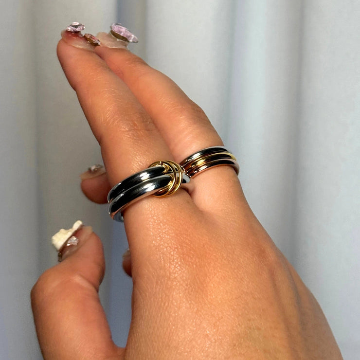 Sunkissed Duo Ring – Mixed metal double-band ring, hypoallergenic and tarnish-free, available in gold and silver.