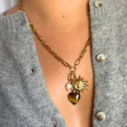 18k gold-filled 18-inch paperclip charm necklace with brown gemstone, sun charm, and white freshwater pearl, hypoallergenic and tarnish-free