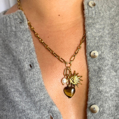 18k gold-filled 18-inch paperclip charm necklace with brown gemstone, sun charm, and white freshwater pearl, hypoallergenic and tarnish-free