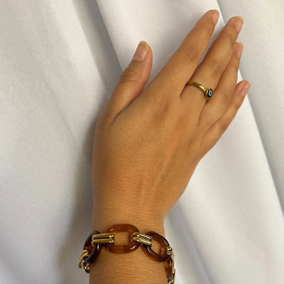 Brown tortoise resin link bracelet with gold textured connectors and tangle clasp, 18k gold-filled hypoallergenic tarnish-free statement bracelet