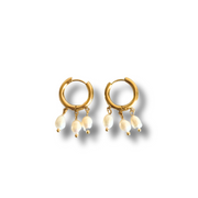 Gold hoop earring with three dangling freshwater pearls, hypoallergenic summer jewelry
