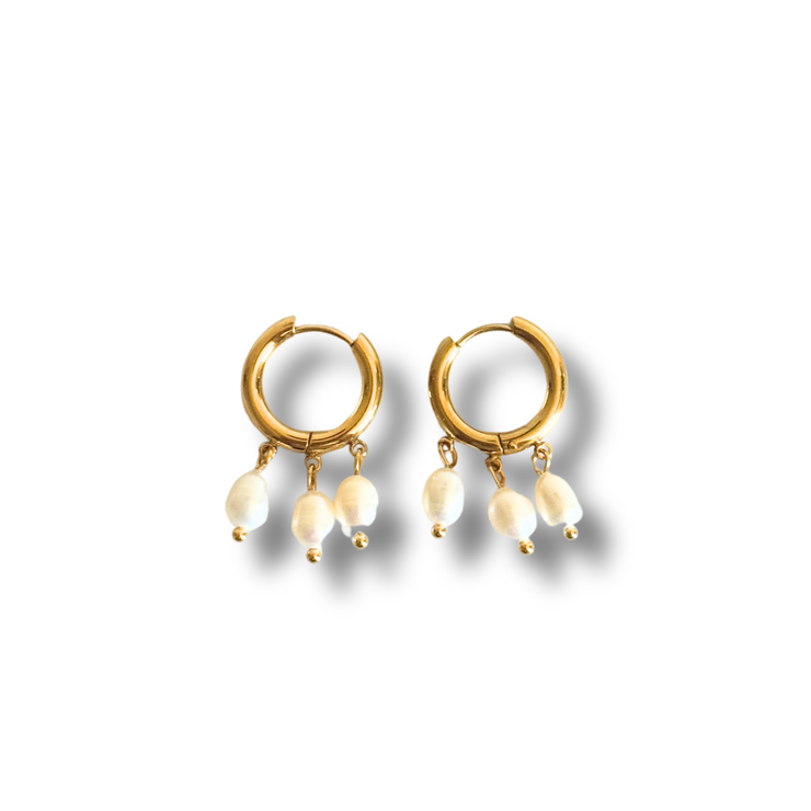 Gold hoop earring with three dangling freshwater pearls, hypoallergenic summer jewelry