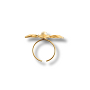Gold ring with a bow design on a white background.Crafted with 18K gold-filled materials, it's hypoallergenic, waterproof, and tarnish-free—so you never have to take it off, even on beach days or during daily hand washes.
adjustable floral pearl ring, gold pearl flower ring, mixed metal ring, summer jewelry, waterproof ring, hypoallergenic ring, tarnish-free jewelry, statement floral ring